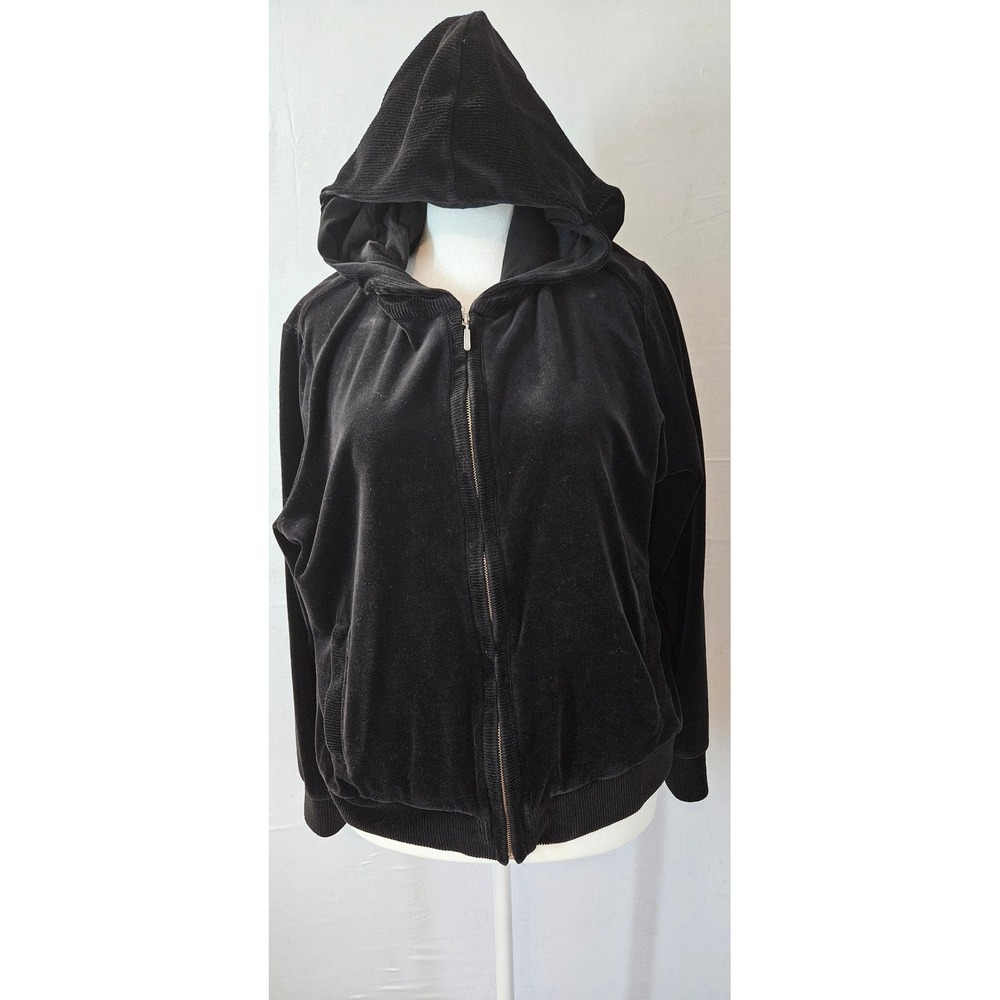 Jones New York Sport Black Velour Full Zip Hoodie Sweatshirt Women Size XL
